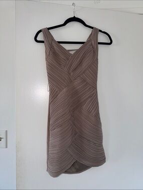 Sleeveless Taupe Textured Wrap-Style Dress